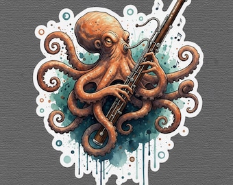 Watercolor Octopus Bassoon Sticker | Classical Music Decal | Musician Gift for Bassoonist instrument Case | Woodwind Player Art