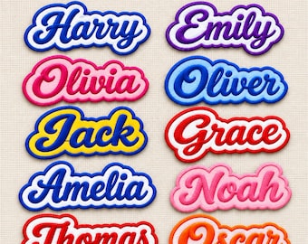 Custom Embroidered Name Patch | Retro Script Text Iron On Badge | Contour Cut Bubble Name Tag | UK Made Personalized Patch 8cm 10cm 12cm
