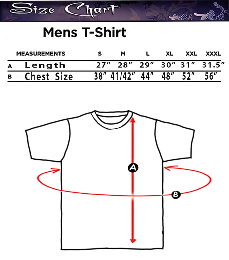 Pode incluir: Tabela de tamanhos para uma camiseta masculina, com medidas em polegadas. A tabela inclui comprimento e circunfer&ecirc;ncia do peito para os tamanhos S, M, L, XL, XXL e XXXL. Um diagrama de uma camiseta ilustra os pontos de medi&ccedil;&atilde;o.