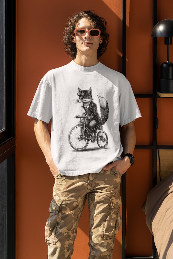 Fox T-Shirt Steampunk Fox on Bicycle  Lady Fit Tee & Unisex T-Shirt