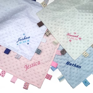 Personalised Baby Dimple Comforter Taggy Blanket Satin Tag Blanket Taggie  personalised baby comforter Taggies girl Boy