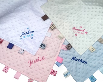 Personalised Baby Dimple Comforter Taggy Blanket Satin Tag Blanket Taggie  personalised baby comforter Taggies girl Boy