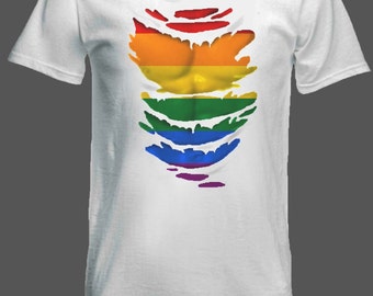 Gay Pride Flag T-Shirt see Muscles through Ripped T-Shirt in all sizes