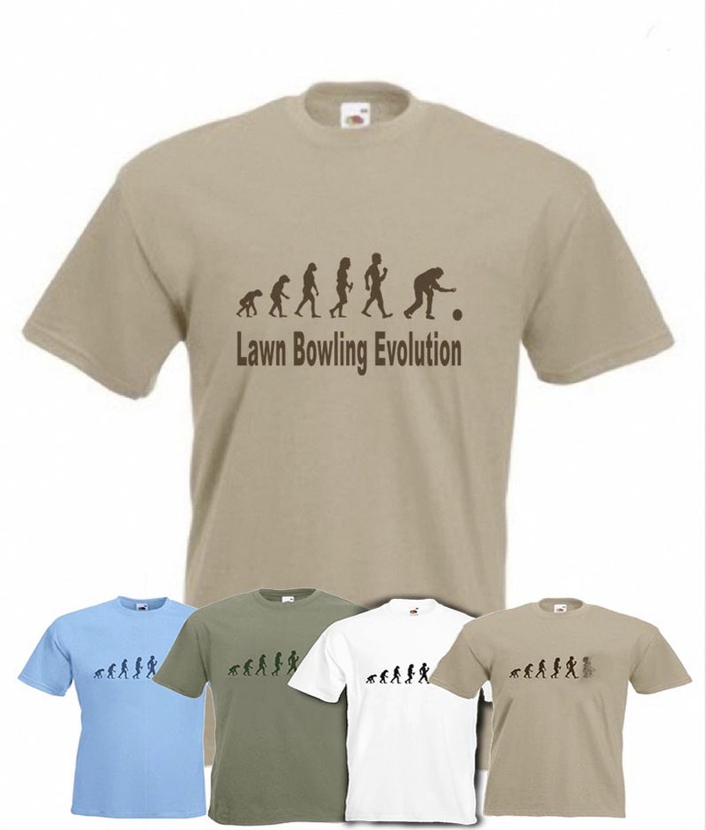 May include: Four t-shirts in different colors with a graphic of the evolution of humans ending with a person bowling. The text on the shirts reads "Lawn Bowling Evolution".