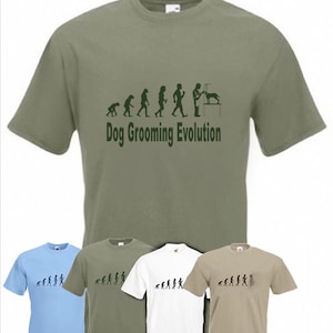 May include: A collection of short-sleeved t-shirts in various colors, including light blue, olive green, white, and tan. Each shirt features a graphic depicting the evolution of dog grooming, with the text "Dog Grooming Evolution" below the graphic.