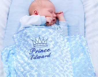 Personalised Baby Blanket  Embroidered Fluffy Rosebud Crown Prince or Princess and baby Name