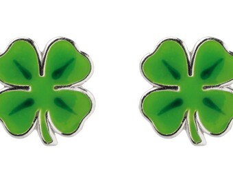 Green Enamel Four Leaf Clover - Sterling Silver Stud Earrings