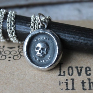 Memento Mori skull wax seal-Latin motto fine silver charm sterling silver necklace