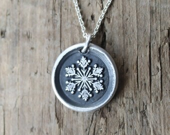 Snowflake wax seal fine silver charm sterling silver necklace