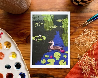 Duckling Art Print - "Friendly Pond Squatter" - 5x7"