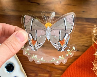 Butterfly Clear Vinyl Sticker - Bartram's Hairstreak Butterfly with Pineland Croton - 2.8 x 2.7”