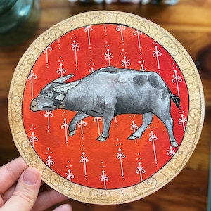 Tamaraw Original Watercolor Painting - 7x7&quot; - Endangered Zodiac Collection &quot;Taurus&quot; - Inspired by Medieval Manuscripts