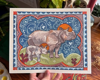 Rhino and Baby Art Print - 8x10" - "The Hope of Kaziranga" - Inspired by Medieval Manuscripts