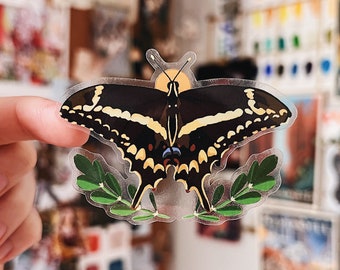 Butterfly Clear Vinyl Sticker - Schaus' Swallowtail Butterfly with Citrus Plant - 2.9 x 2.1”