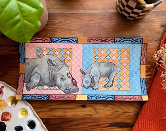 Rhino Original Watercolor Painting - Inspired by Medieval Manuscripts - 12x6"