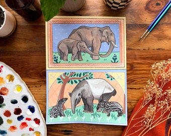 Asian Elephant & Tapir Gouache Painting: Medieval-Inspired Wildlife Art (9x12")