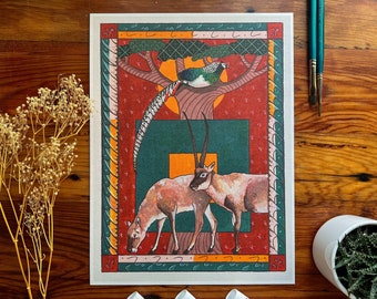 Chiru and Lady Amherst's Pheasant Art Print - 9x12" - Inspired by Medieval Manuscripts