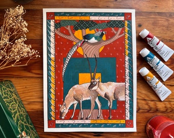 Chiru and Pheasant Original Gouache Painting - 9x12" - Inspired by Medieval Manuscripts