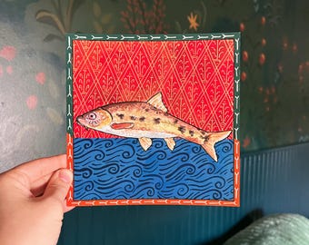 Golden Line Fish Original Watercolor Painting - 7x7" - Inspired by Medieval Manuscripts