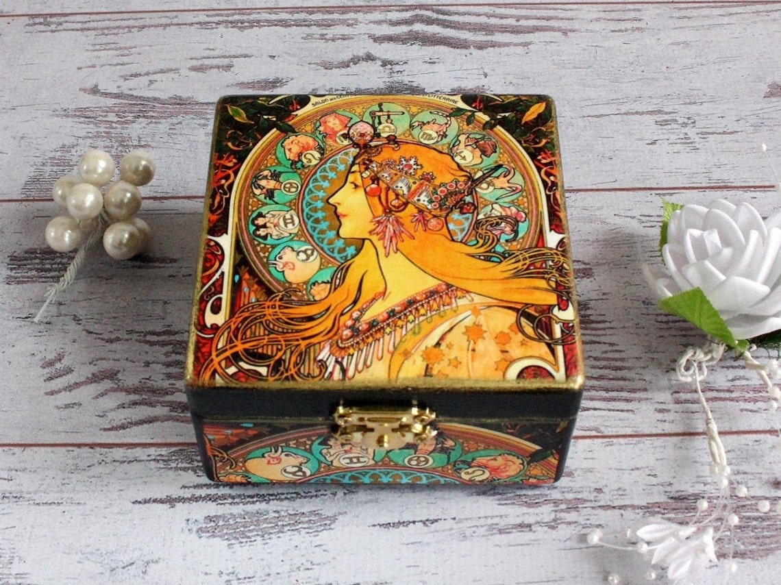 Mucha Zodiac wooden jewelry box gift for women Proposal ring Etsy
