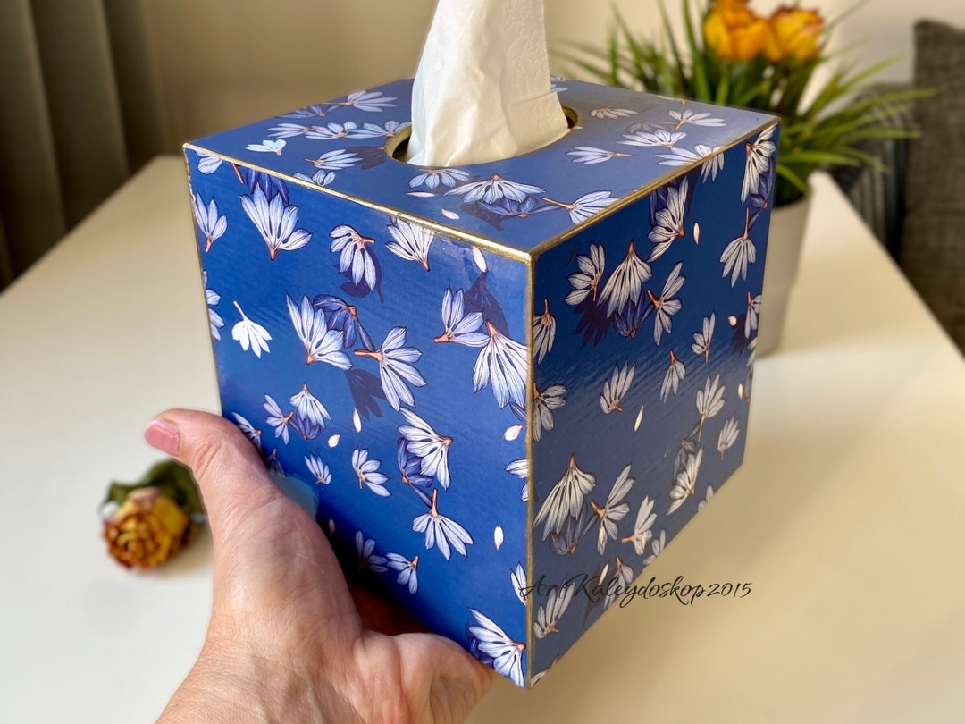 Blue Wooden Tissue Box Cover Square With White Flowers Botanical Theme