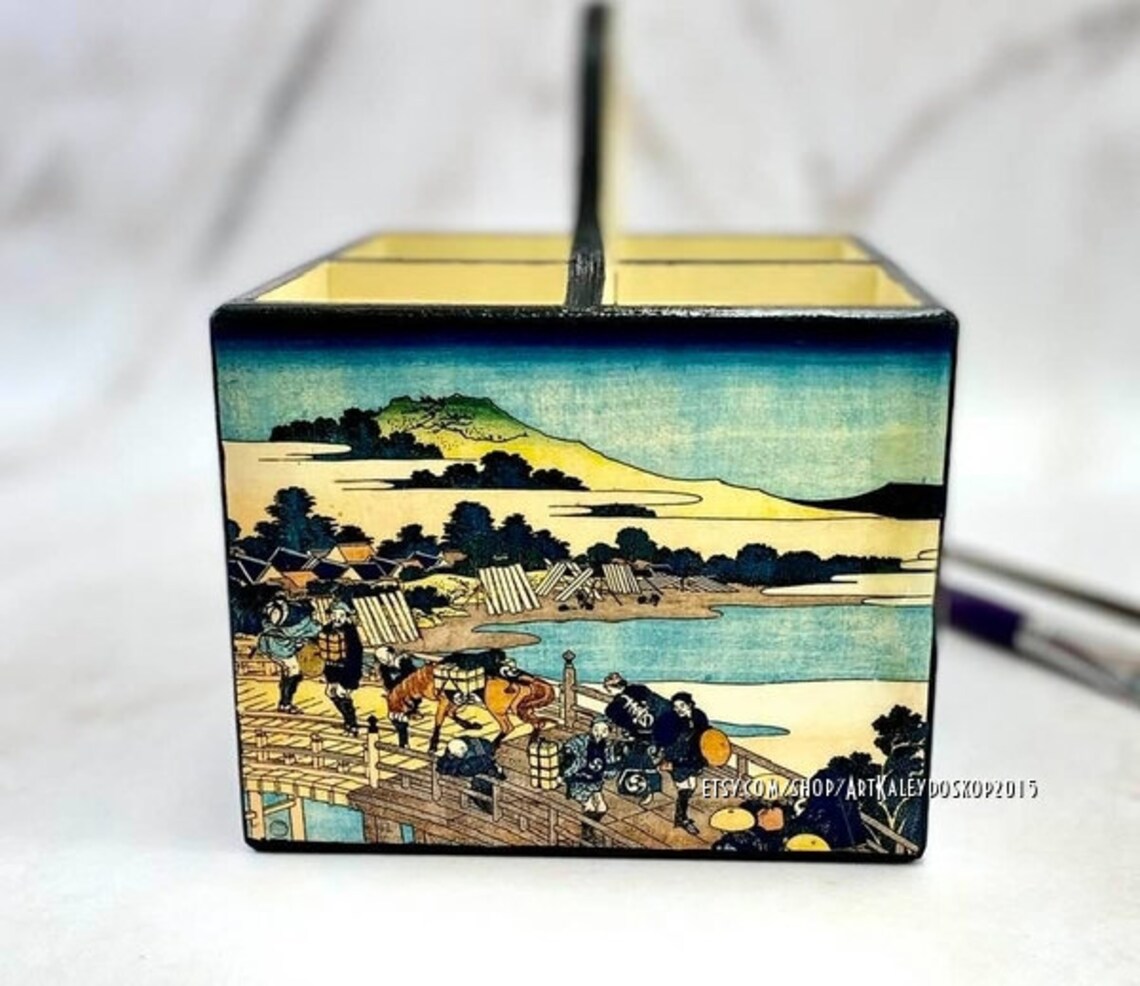 Japanese art Pen holder for desk with 4 compartments Home Etsy