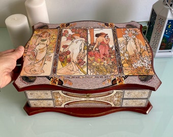 Alphonse Mucha, Large jewelry box, Memory box, Photo box, Keepsake box, Hand painted box, 80th birthday gift