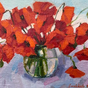 Pintura acrílica original Amapolas rojas, Pintura de flores, Regalo del día de la madre, Regalo de cumpleaños 12,0 pulgadas x 9,0 pulgadas, Lienzo sobre cartón, Sin marco