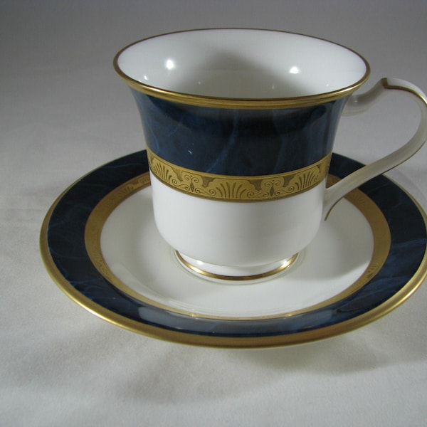 Noritake Mendelson  Cups and Saucers priced each 4 available Blue Marble Border Gold Encrusted Band Discontinued pattern Excellent condition