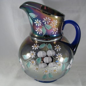 ANTIQUE FENTON Carnival Glass Pitcher Cherries & Blossoms Royal Blue Ca 1910 Excellent condition!