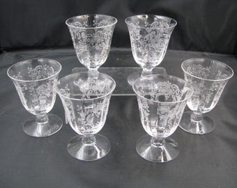 FOSTORIA Meadow Rose set of 6 Oyster cocktails 4oz etch #328 stem #6016 3 5/8"  Excellent condition!