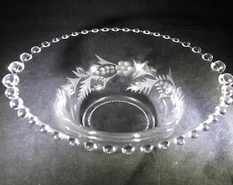 Imperial CANDLEWICK Pattern Glass 10 1/2" Belled Bowl 400/63B With Floral Cutting, graduated beads for handles Excellent condition