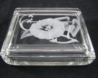 Fostoria Box #2618 Morning Glory Carving #12 Excellent condition 5 1/2 x 4 1/4" Vintage MCM Cigarette Box