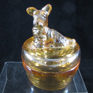 Carnival Glass Scottie Powder box by Jeannette glass co Ca 1940&#39;s  5 1/2&quot; X 4&quot; Excellent condition Fantastic Color