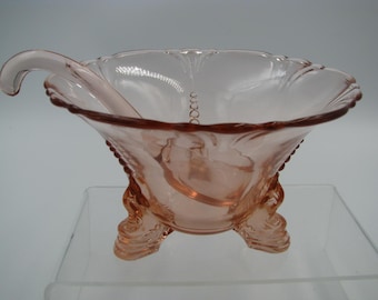 Heisey Empress #1401 pattern Flamingo pink Mayonnaise 5 1/2" with spoon Both signed! Excellent condition! Elegant Depression Glass
