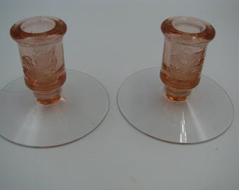 Heisey Flamingo #116 Charter Oak Leaf pair candle holders  frosted leaf made 1926-29 Excellent condition 3" tall Elegant Depression glass