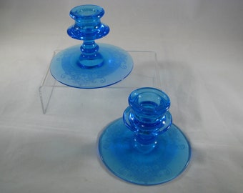 FOSTORIA Blue VESPER Pattern etch #275 Pair of 2390 Candle Sticks 3" made 1926-27