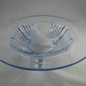 Paden City Maya Line #221 Console Bowl Centerpiece Large 12 3/4&quot; wide 4 3/4&quot; deep tri footed flat rim Light blue Made 1930&#39;s - 51