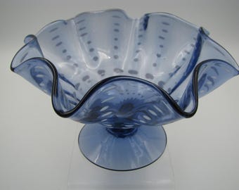 Art Glass signed Dullabaun Blue compote 1981 7" wide 4 1/4" tall excellent condition