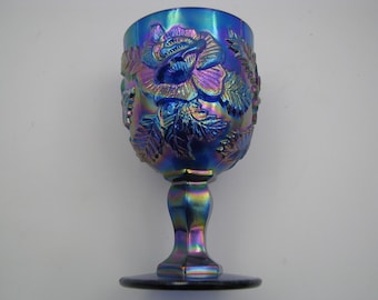 Madonna Inn Wild Rose Iridescent Carnival Glass Cobalt Blue Goblet Fenton for LG Wright Large 6 1/2" tall 12 Oz Excellent condition