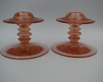 Heisey Flamingo #113 " Mars' Pair Candle Holders Excellent condition! 3 1/2" tall