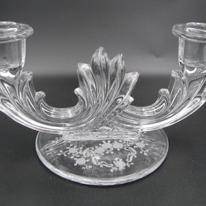 Fostoria Meadow Rose double Candle Stick Baroque shape #2496 Etch #328  1936-75 8&quot; wide 4 1/2&quot; tall excellent condition