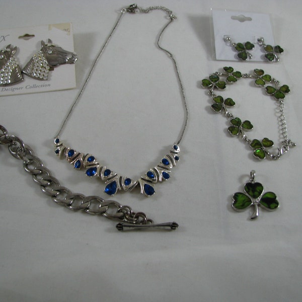 Jewelry Lot 6 pieces from Estate JUICY COUTURE Charm Bracelet 3 Pc 3 leaf Clover set Blue Rhinestone necklace Horse rhinestone earrings