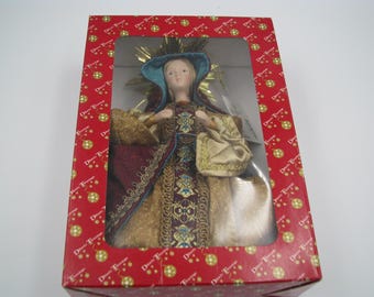 Dillards Trimmings Christmas Tree topper /ornament Victorian lady Porcelain face and Hands 9" tall NIB with original tags Maroon Gold Dress
