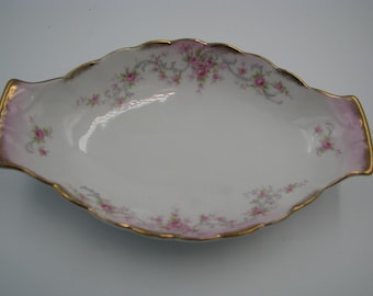 Beautiful Lefton China Relish serving dish 8 1/2 X 5" Pink Haviland style Roses Gold trim Excellent condition