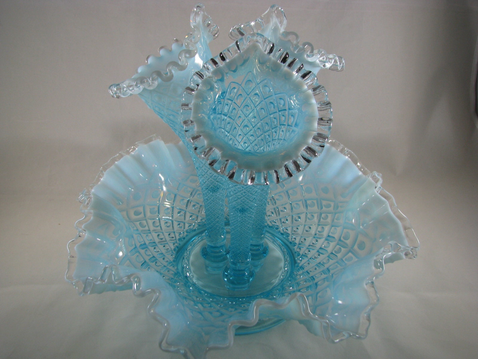 Vintage Fenton Diamond Lace Aqua Crest Opalescent Art Glass Epergne –  Carnival Glass