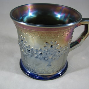 FENTON CARNIVAL GLASS Orange Tree Shaving mug cobalt blue 3&quot; base Great Iridescent color