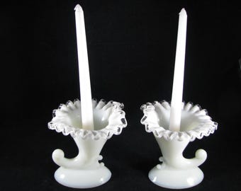 FENTON Silver Crest Pair of #951 Cornucopia candle holders 1960's 6" Tall 5 1/2" wide Excellent condition
