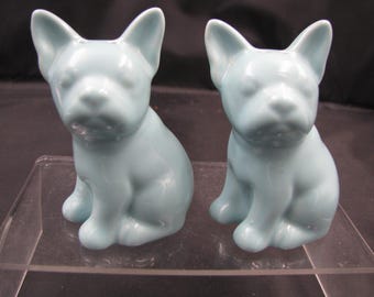 French Bulldog Salt & Pepper shakers baby blue 3 1/2" tall excellent condition.