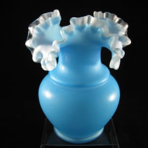 Large Blue Satin Glass Vase with frosted crystal fluted rim 10&quot; tall almost 5lb of glass very Elegant Excellent condition